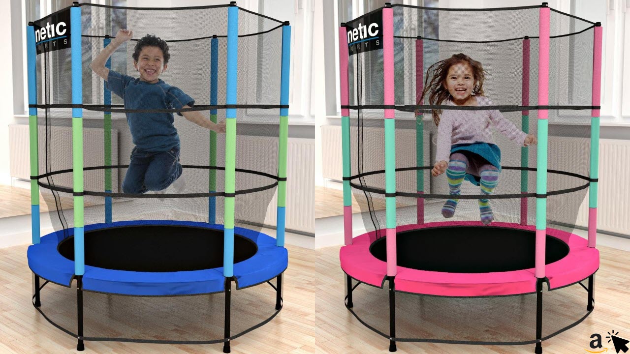 Kinetic Sports Trampolin Kinder Indoortrampolin Jumper 140 cm Randabdeckung Stangen gepolstert, Gummiseil-Federung Sicherheitsnetz