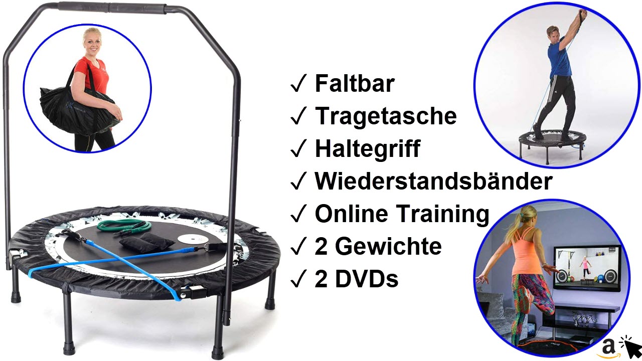 MaXimus PRO Faltbares Fitness Trampolin mit Haltestange, Aufbewahrungsbeutel, Spannbänder, ONLINE- & DVD- Trampolin Training Videos