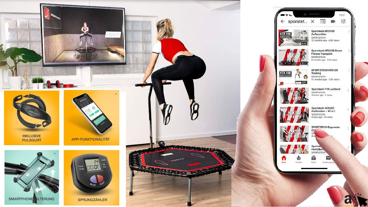 Smart Fitness Trampolin HTX100, mit Pulsgurt, Trainings-Video Trampolin Übungen, Sprungzähler & APP, klappbar, Haltegriff verstellbar, Handy- & Flaschenhalterung