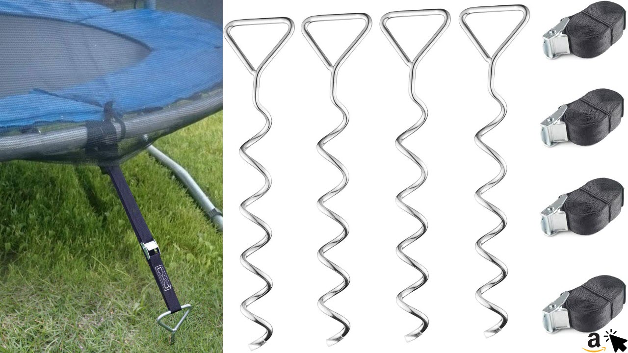 Trampolin Spiral Bodenverankerung Deluxe Erdanker Set mit verstellbarem Gurt 4 Bodenanker zur Sicherung bei Wind